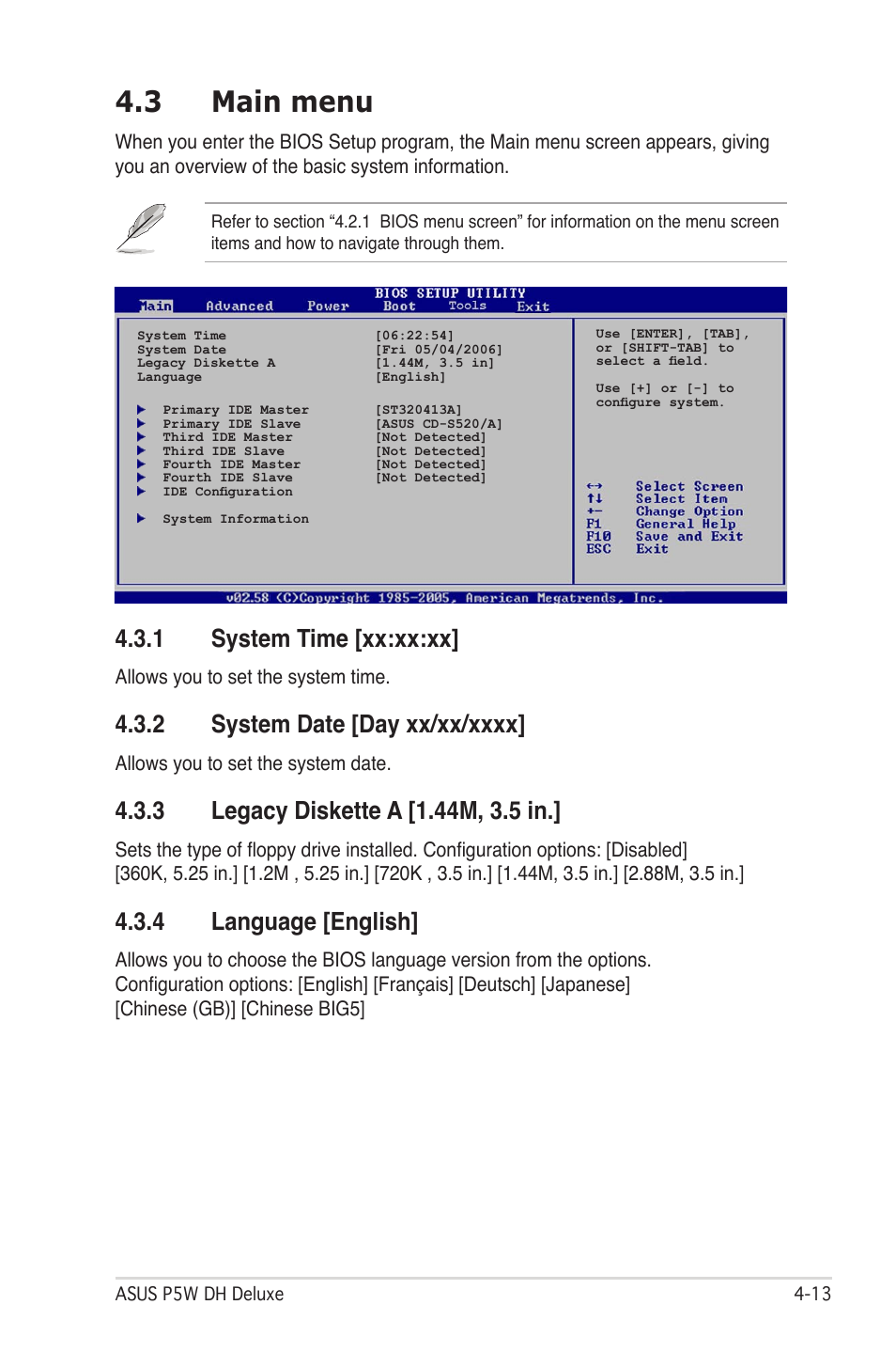 3 main menu, 1 system time [xx:xx:xx, 4 language [english | Allows you to set the system time, Allows you to set the system date | Asus P5W DH Deluxe User Manual | Page 91 / 212