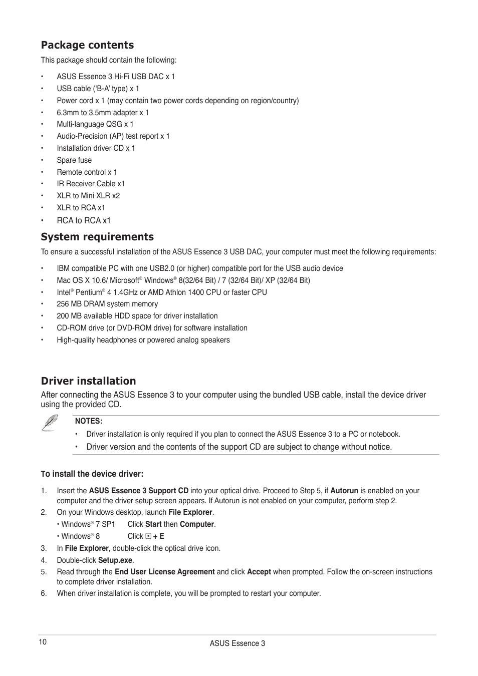 Package contents, System requirements, Driver installation | Asus Essence III User Manual | Page 10 / 18