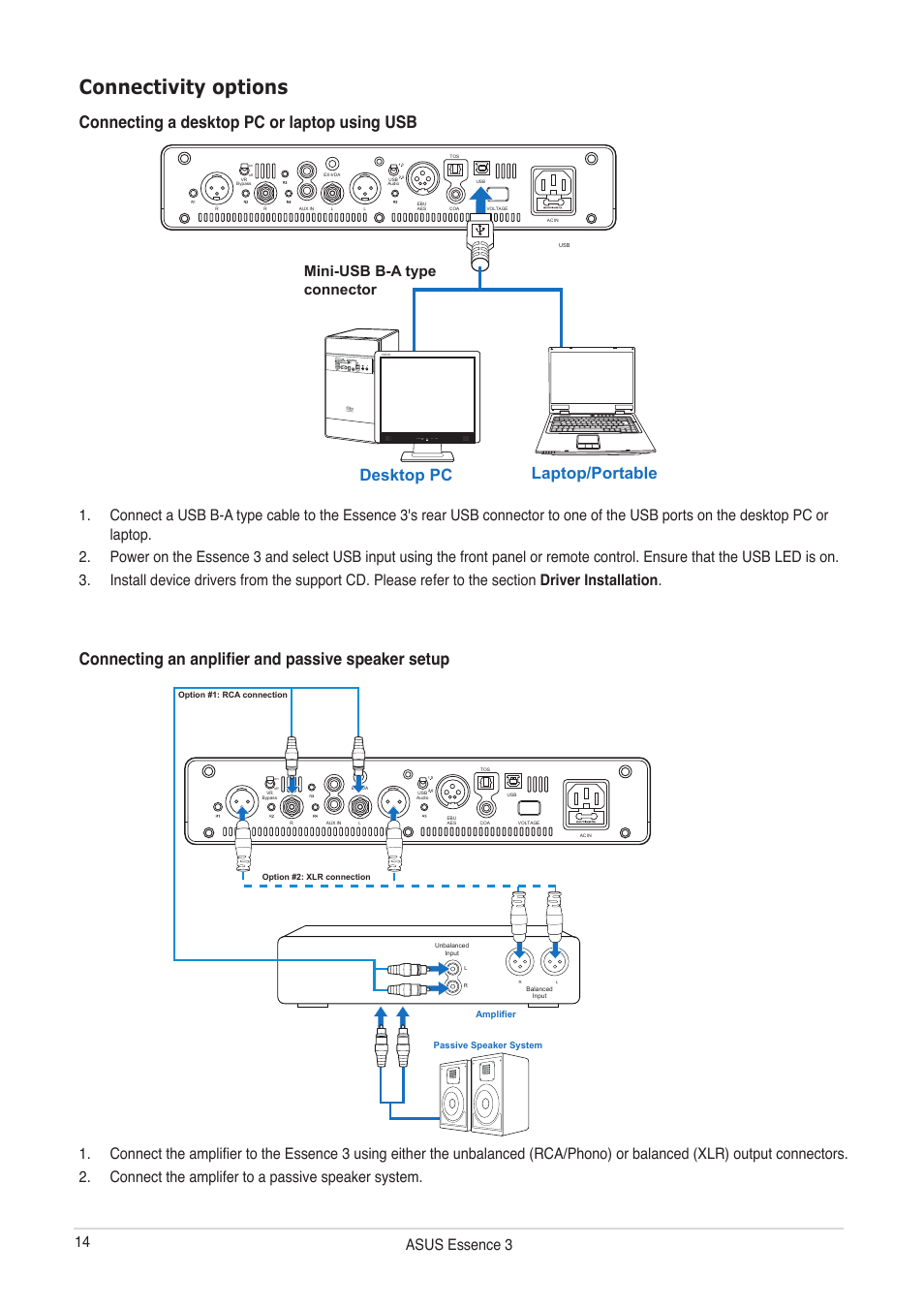 Connectivity options, Connecting a desktop pc or laptop using usb, Connecting an anplifier and passive speaker setup | Connectivity options -14, Desktop pc laptop/portable, Asus essence 3, Mini-usb b-a type connector | Asus Essence III User Manual | Page 14 / 18