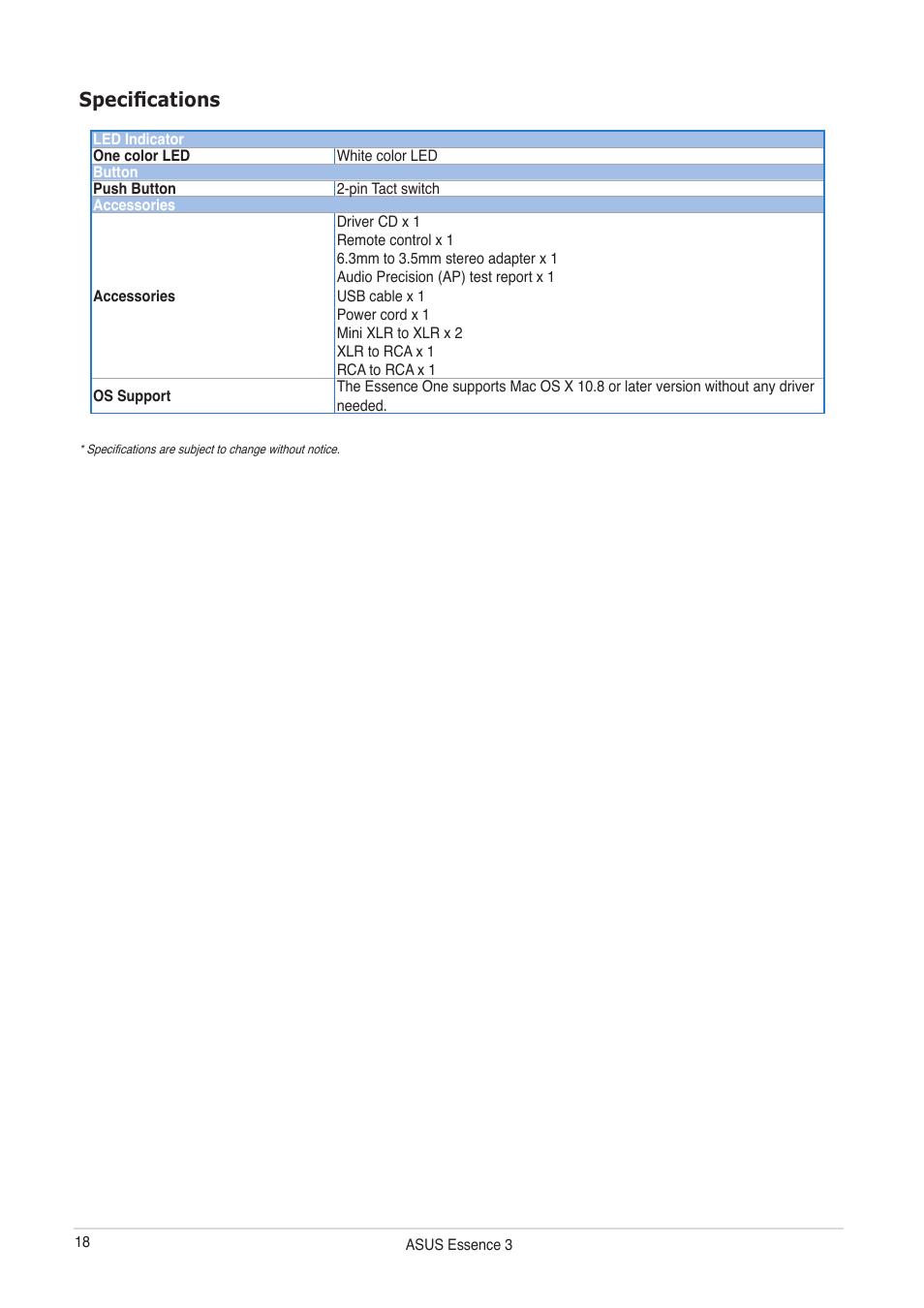 Specifications | Asus Essence III User Manual | Page 18 / 18