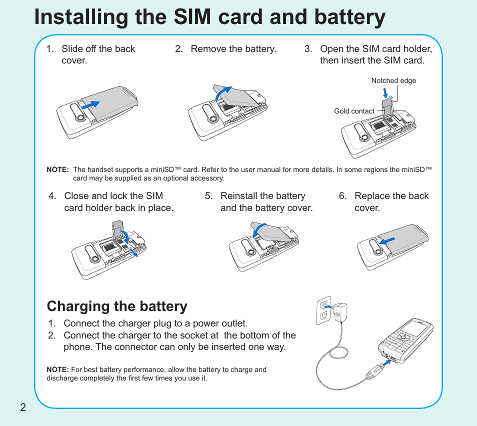 Installing the sim card and battery, Charging the battery, 2installing the battery | Remove the battery | Asus V75 User Manual | Page 2 / 8