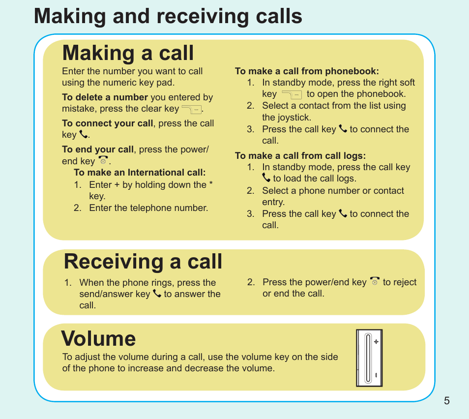 Making and receiving calls, Making a call receiving a call, Volume | Asus V75 User Manual | Page 5 / 8