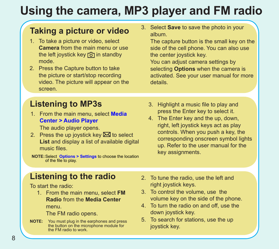 Using the camera, mp3 player and fm radio, Taking a picture or video, Listening to the radio | Listening to mp3s | Asus V75 User Manual | Page 8 / 8