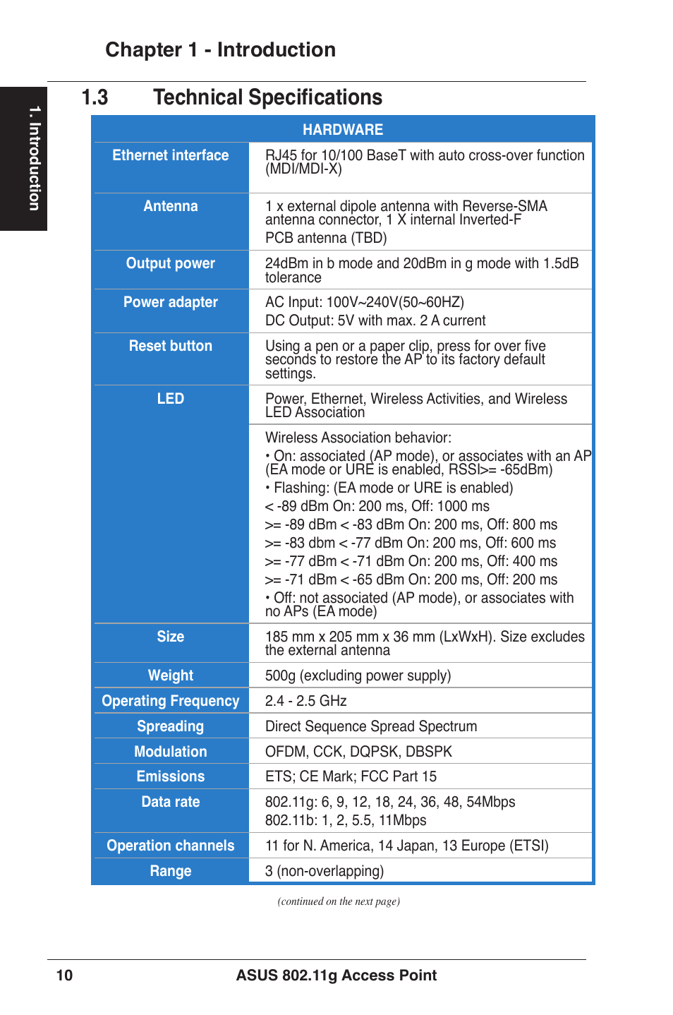 3 technical specifications, Chapter 1 - introduction | Asus WL-320gE User Manual | Page 10 / 71