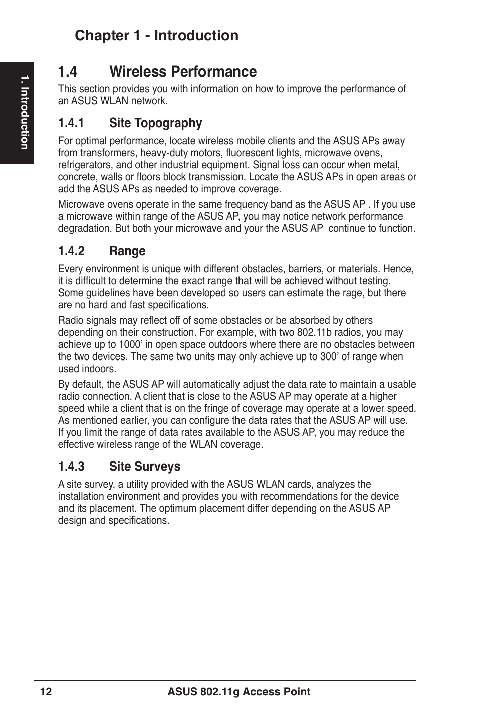 4 wireless performance,  wireless performance, Chapter 1 - introduction | .1 site topography, .2 range, .3 site surveys | Asus WL-320gE User Manual | Page 12 / 71