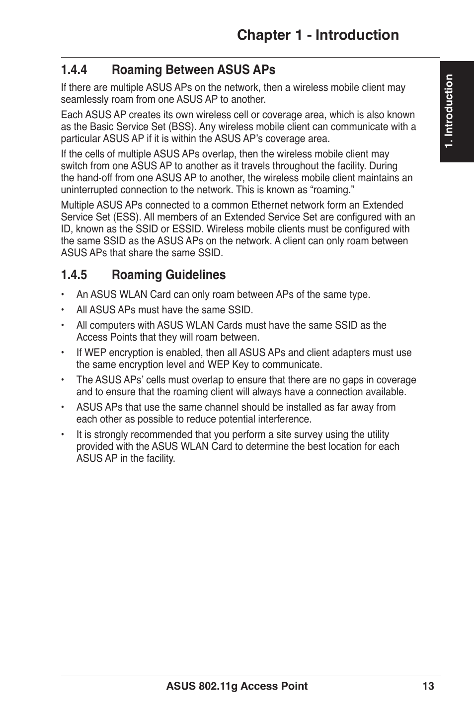 Chapter 1 - introduction, . roaming between asus aps, .5 roaming guidelines | Asus WL-320gE User Manual | Page 13 / 71