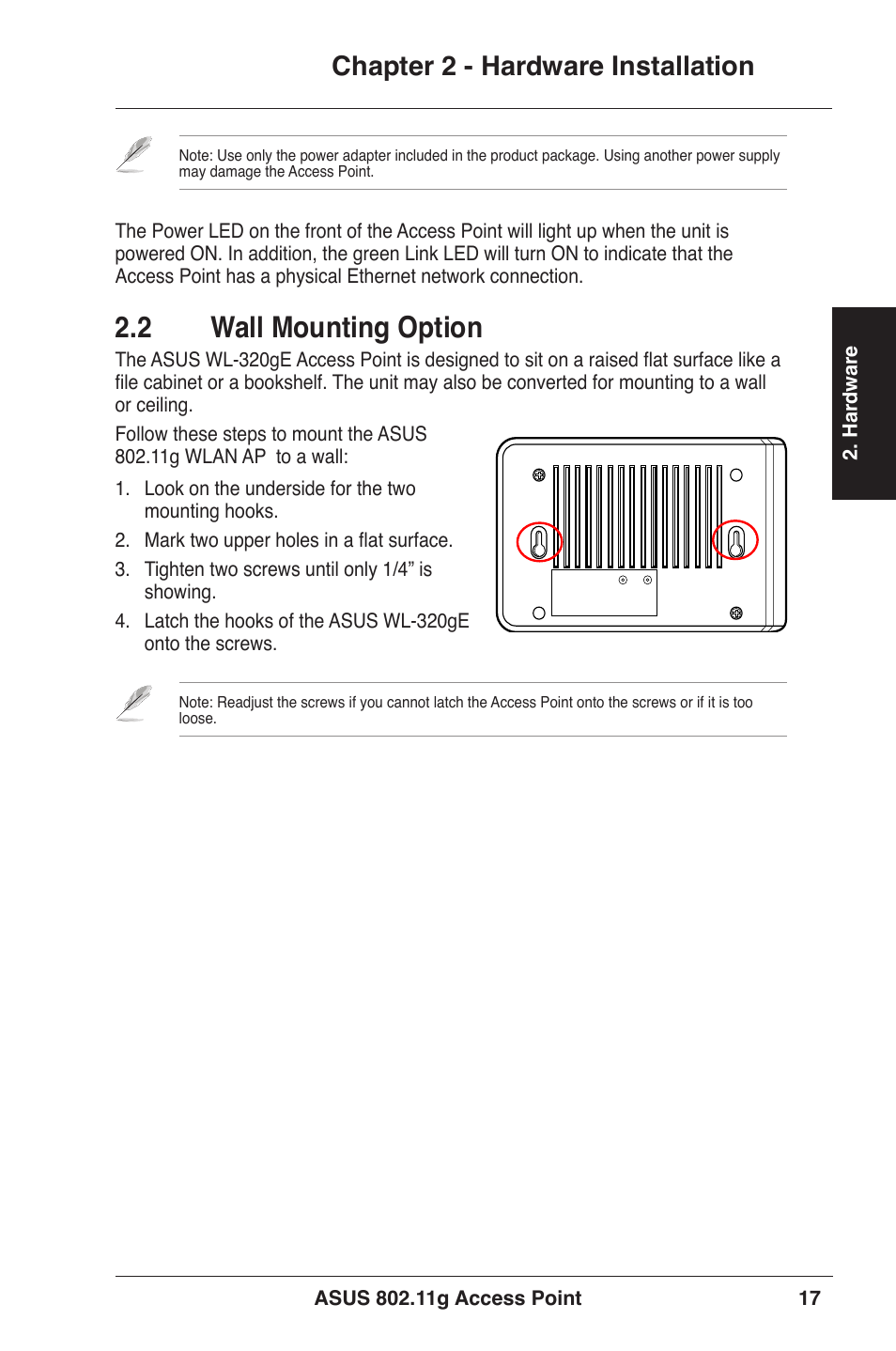 2 wall mounting option, Chapter 2 - hardware installation | Asus WL-320gE User Manual | Page 17 / 71