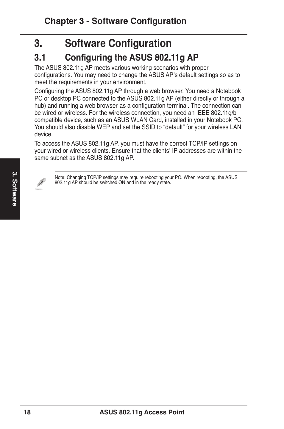 Software configuration, 1 configuring the asus 802.11g ap, Chapter 3 - software configuration | Asus WL-320gE User Manual | Page 18 / 71