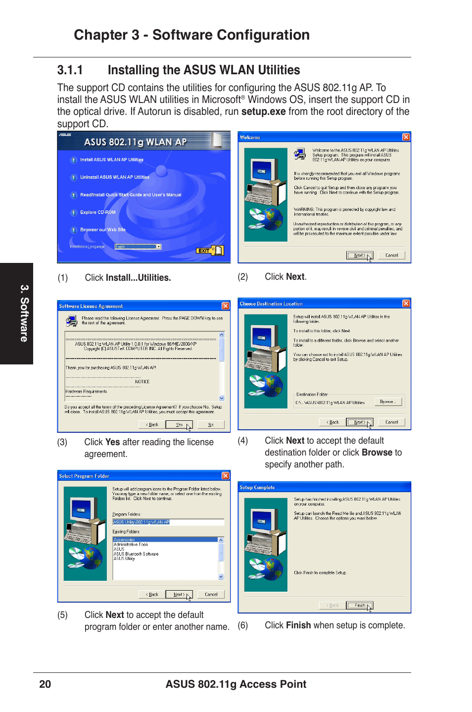 Chapter 3 - software configuration, 1 installing the asus wlan utilities | Asus WL-320gE User Manual | Page 20 / 71