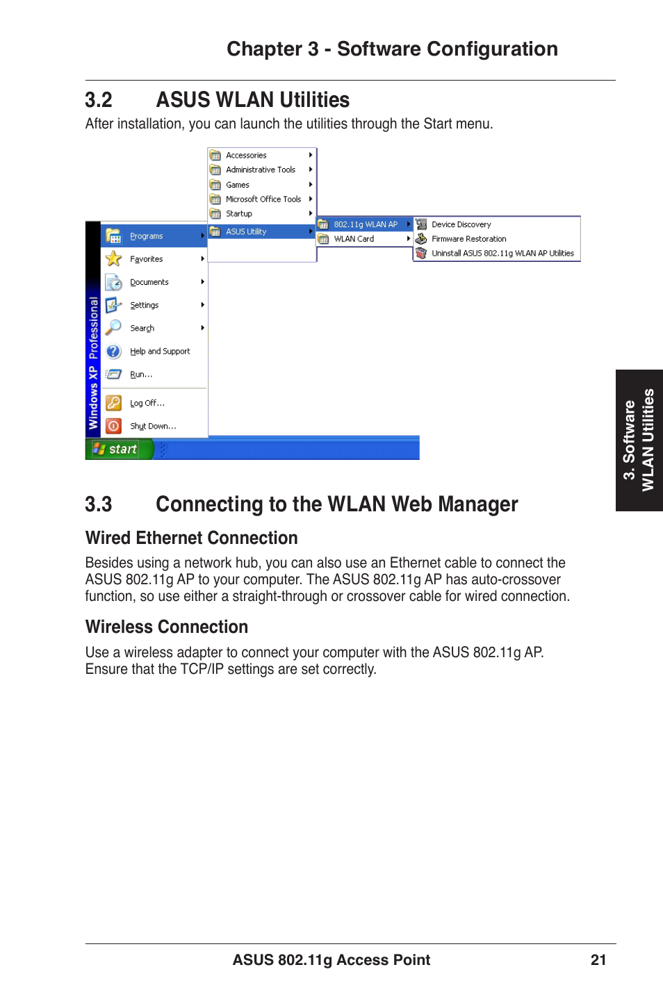 2 asus wlan utilities, 3 connecting to the wlan web manager, Chapter 3 - software configuration | Asus WL-320gE User Manual | Page 21 / 71