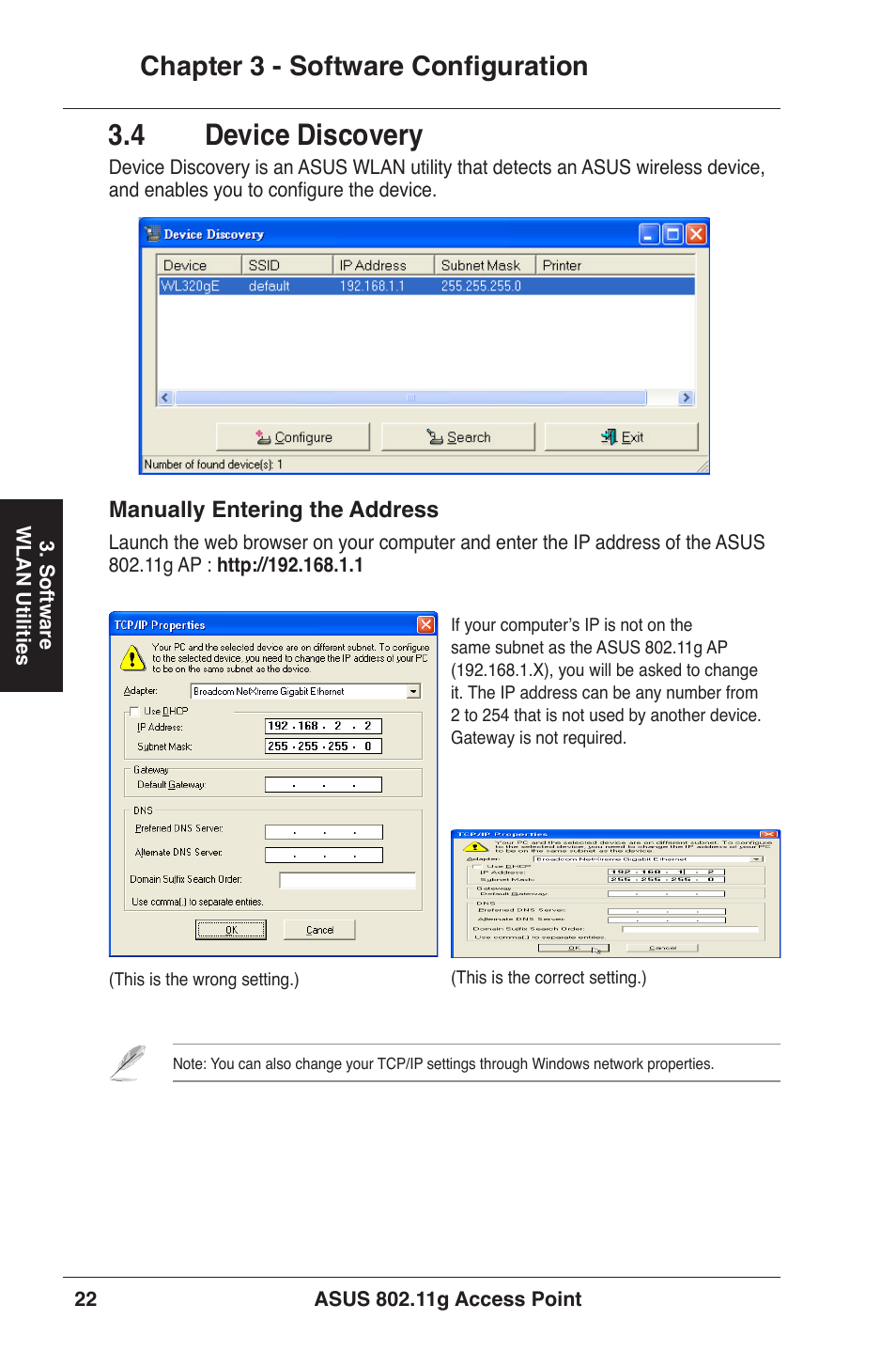 4 device discovery,  device discovery, Chapter 3 - software configuration | Asus WL-320gE User Manual | Page 22 / 71