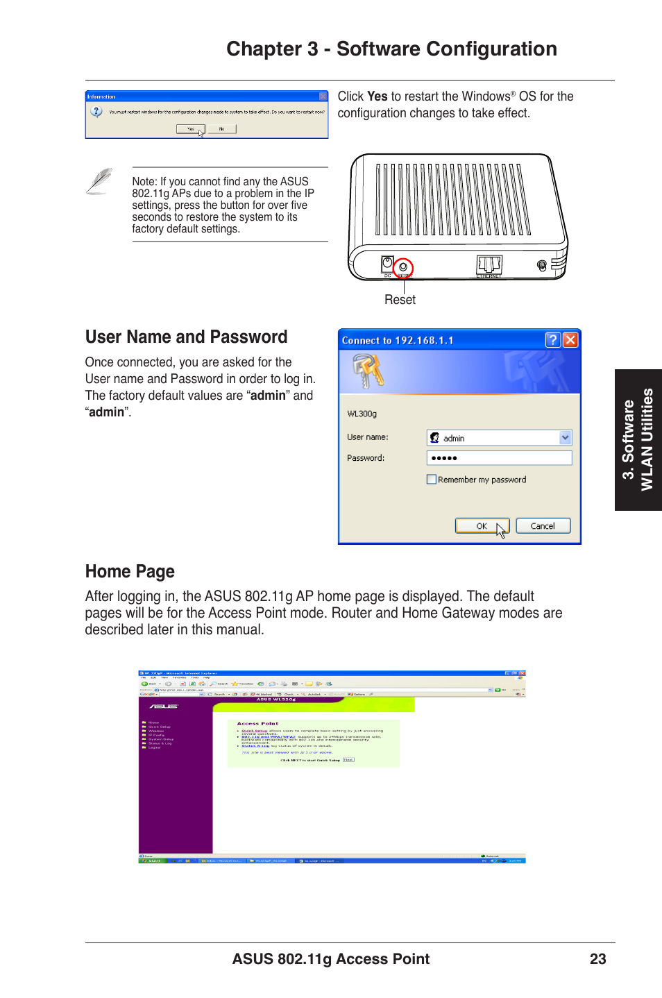 Chapter 3 - software configuration, User name and password, Home page | Asus WL-320gE User Manual | Page 23 / 71