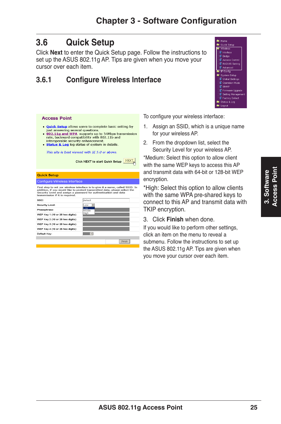 6 quick setup, Chapter 3 - software configuration, 1 configure wireless interface | Asus WL-320gE User Manual | Page 25 / 71