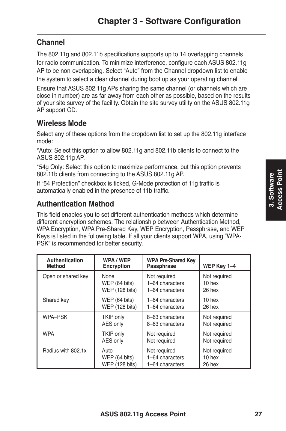 Chapter 3 - software configuration, Channel, Wireless mode | Authentication method | Asus WL-320gE User Manual | Page 27 / 71