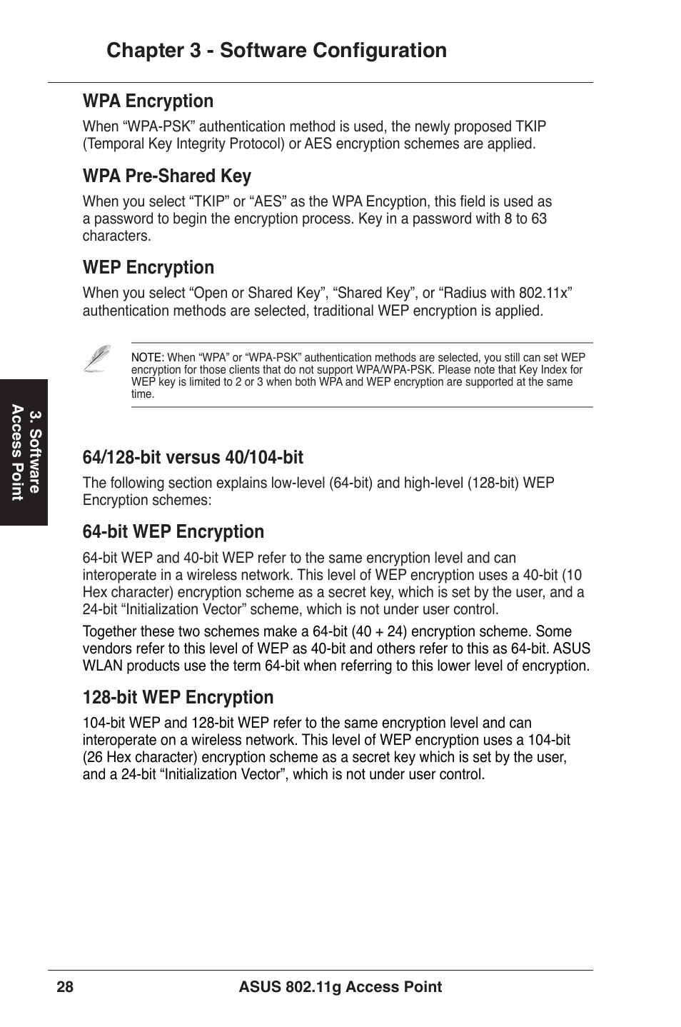 Chapter 3 - software configuration, Wpa encryption, Wpa pre-shared key | Wep encryption, 6-bit wep encryption, Bit wep encryption | Asus WL-320gE User Manual | Page 28 / 71