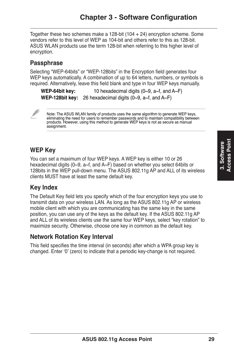 Chapter 3 - software configuration, Passphrase, Wep key | Key index, Network rotation key interval | Asus WL-320gE User Manual | Page 29 / 71