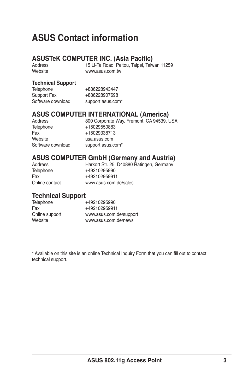 Asus contact information, Asustek computer inc. (asia pacific), Asus computer international (america) | Asus computer gmbh (germany and austria), Technical support | Asus WL-320gE User Manual | Page 3 / 71