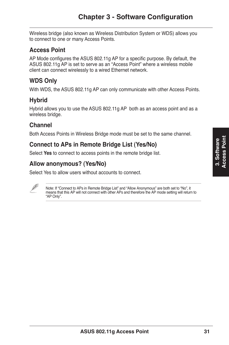 Chapter 3 - software configuration, Access point, Wds only | Hybrid, Channel, Connect to aps in remote bridge list (yes/no), Allow anonymous? (yes/no) | Asus WL-320gE User Manual | Page 31 / 71