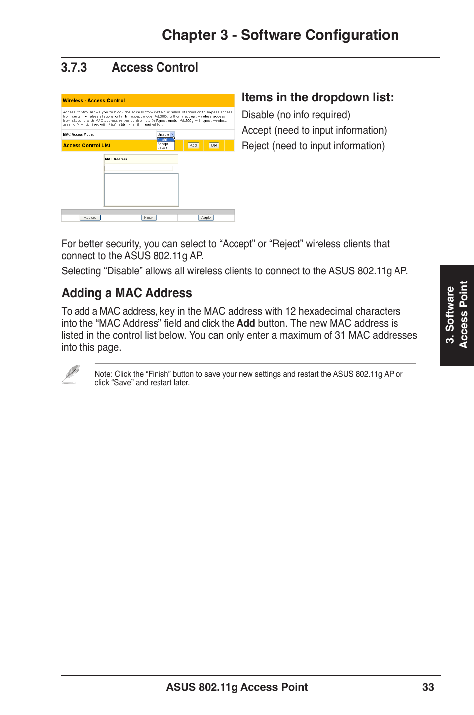 Chapter 3 - software configuration, .3 access control, Adding a mac address | Asus WL-320gE User Manual | Page 33 / 71