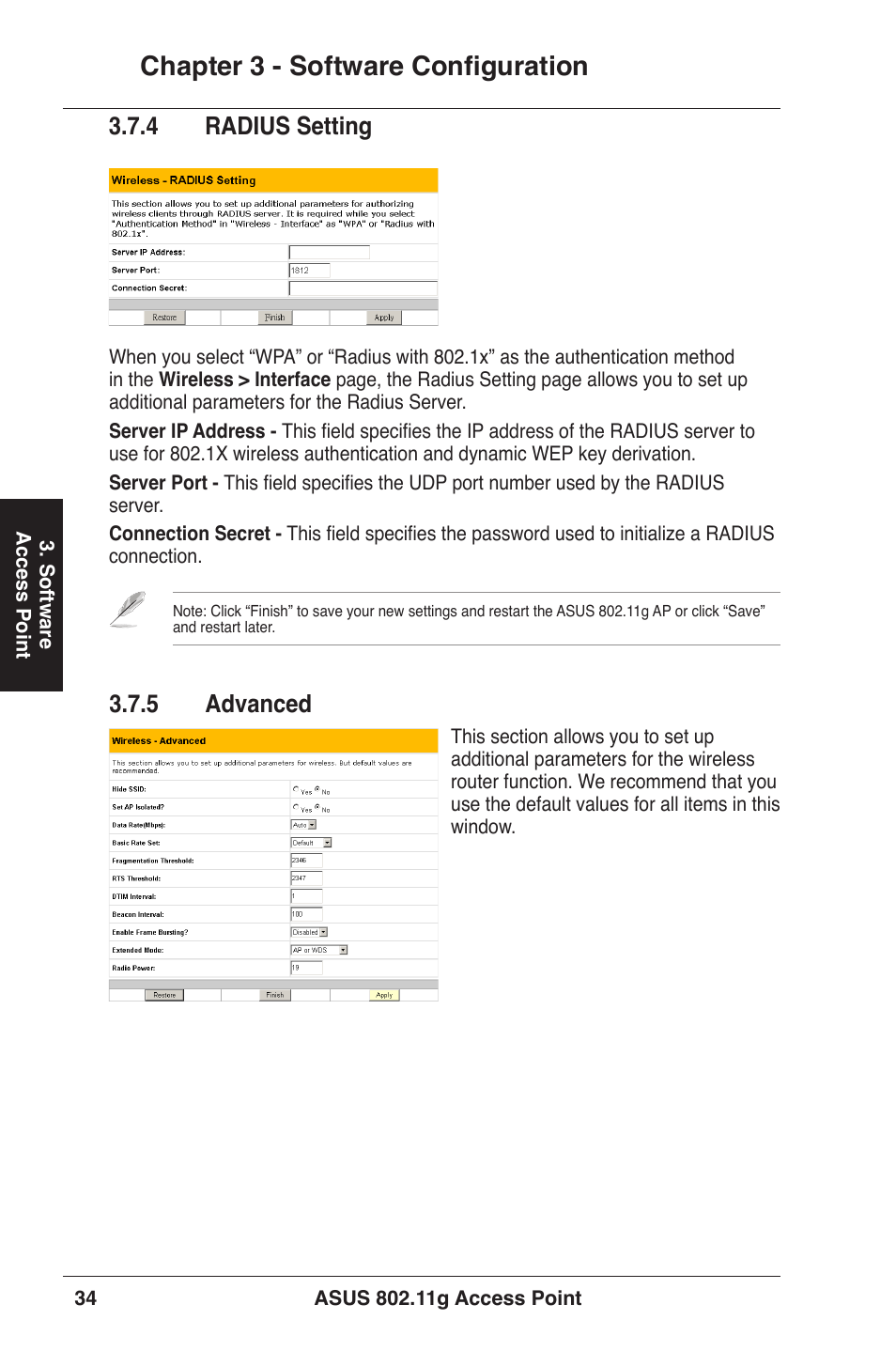 Chapter 3 - software configuration, . radius setting, .5 advanced | Asus WL-320gE User Manual | Page 34 / 71