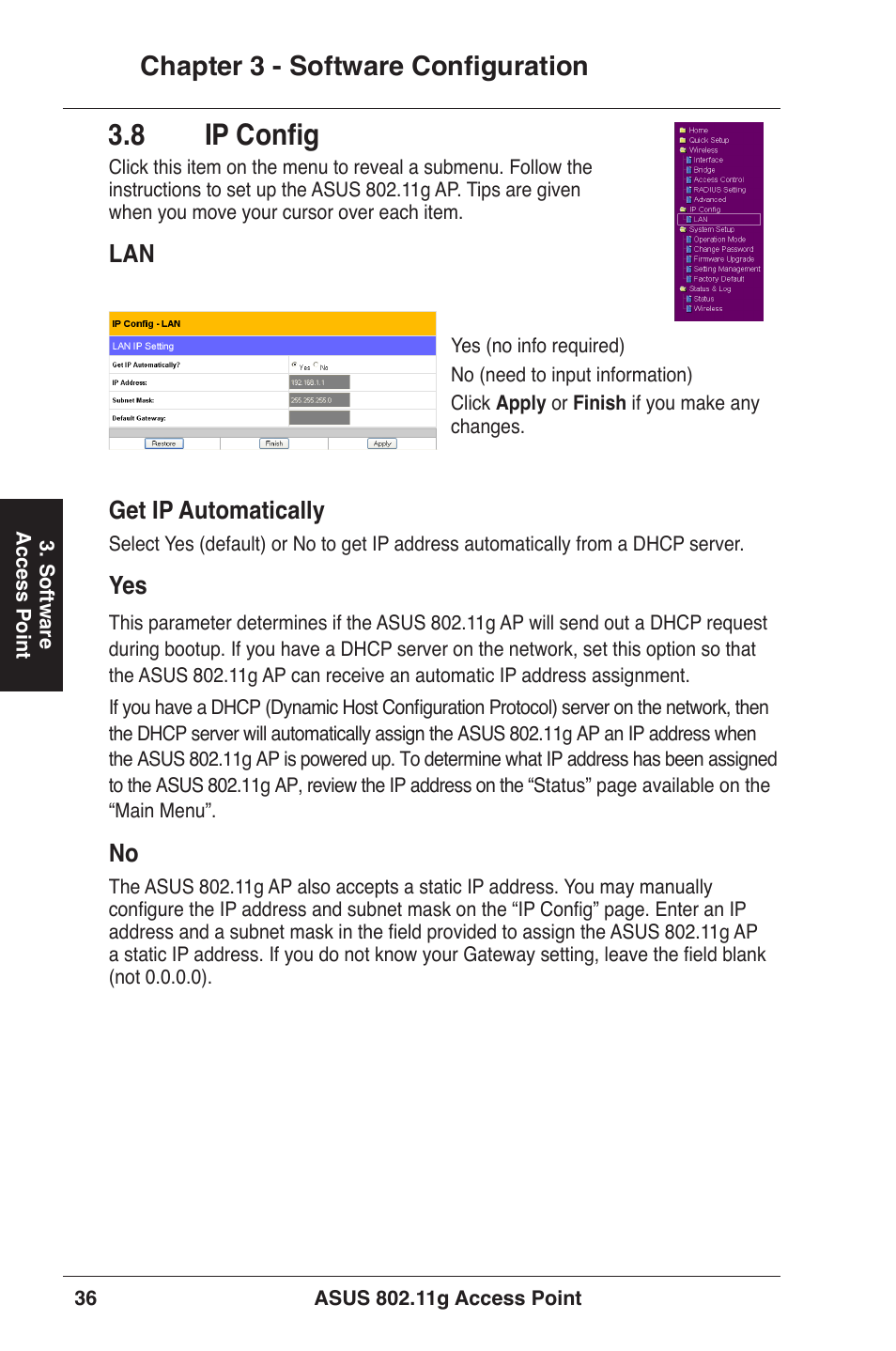 8 ip config, Chapter 3 - software configuration, Lan get ip automatically | Asus WL-320gE User Manual | Page 36 / 71