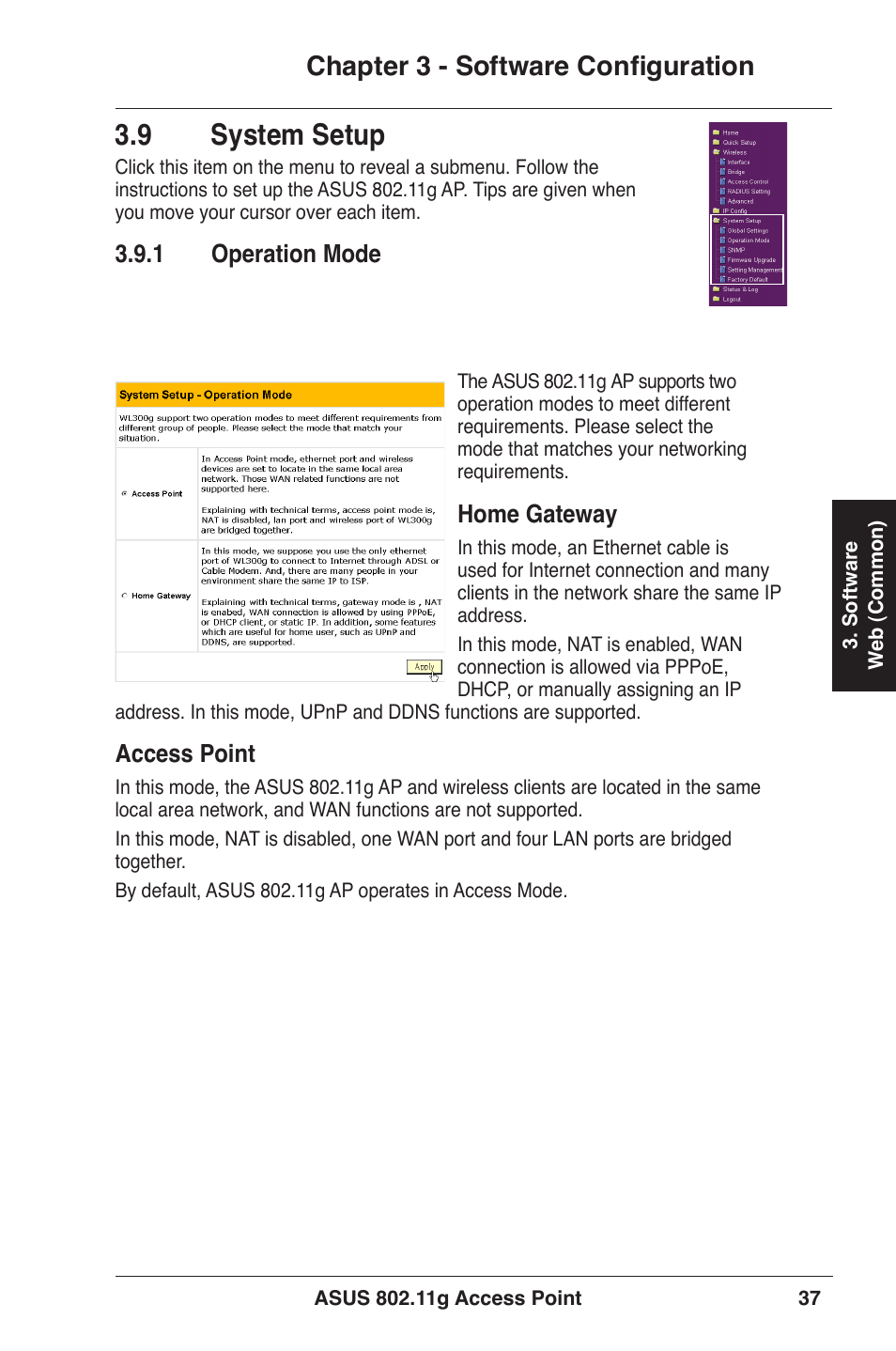 9 system setup, Chapter 3 - software configuration, 1 operation mode | Home gateway, Access point | Asus WL-320gE User Manual | Page 37 / 71