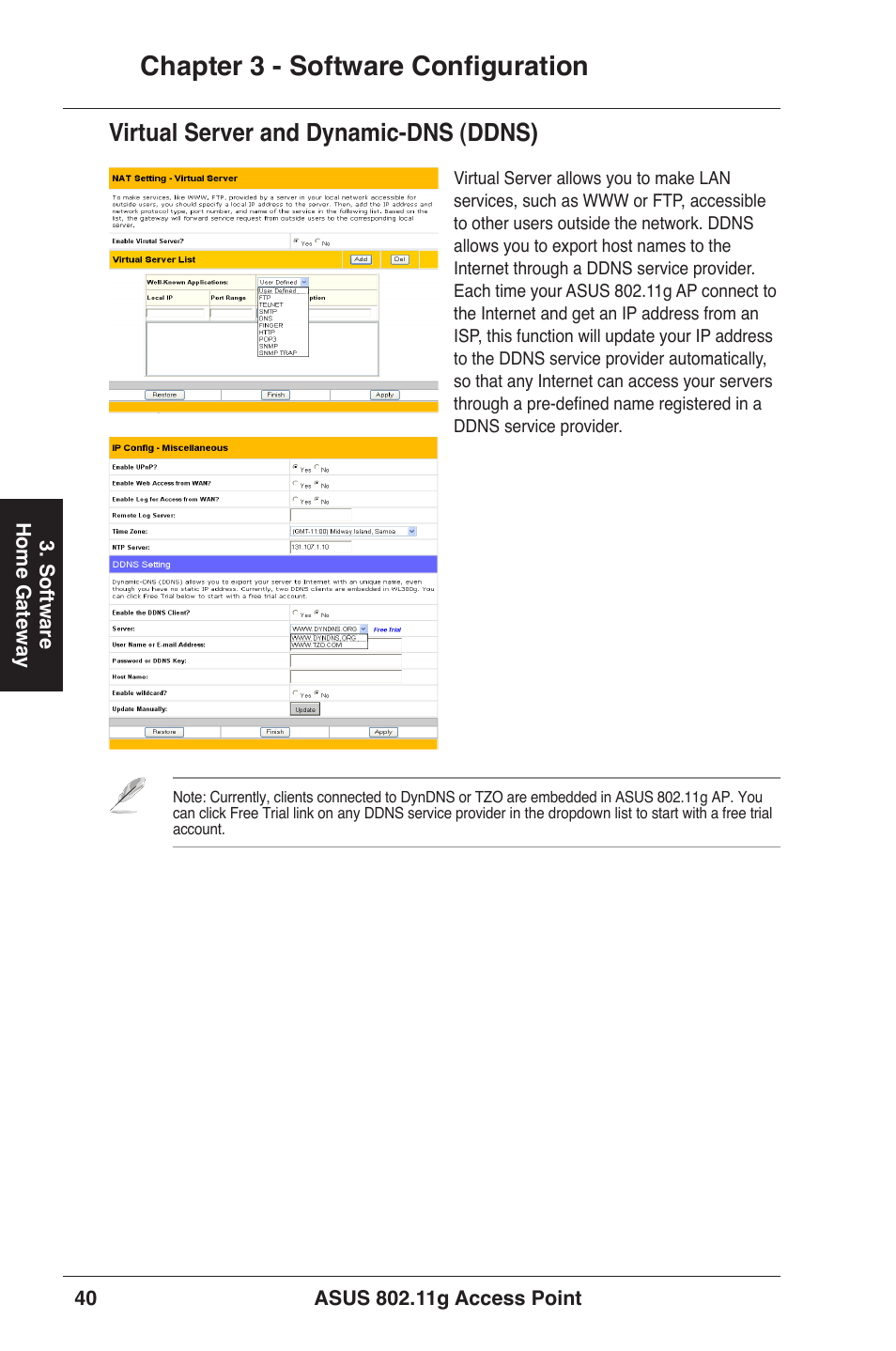 Chapter 3 - software configuration, Virtual server and dynamic-dns (ddns) | Asus WL-320gE User Manual | Page 40 / 71