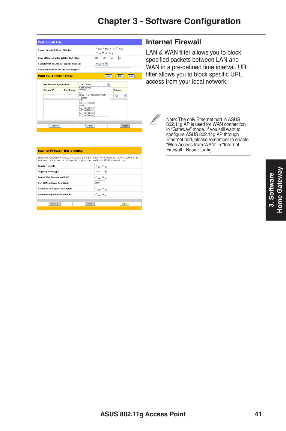 Chapter 3 - software configuration, Internet firewall | Asus WL-320gE User Manual | Page 41 / 71