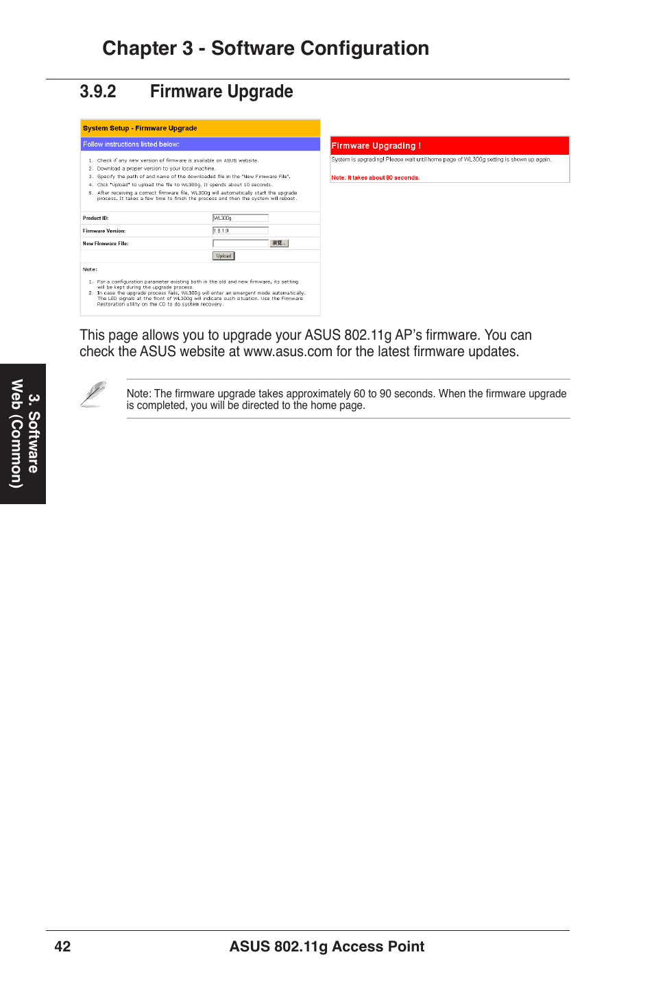 Chapter 3 - software configuration, 2 firmware upgrade | Asus WL-320gE User Manual | Page 42 / 71