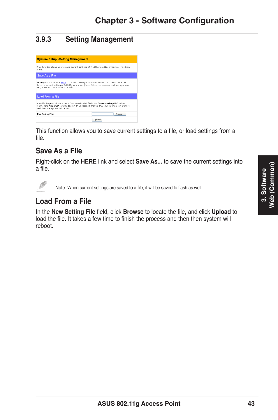 Chapter 3 - software configuration, 3 setting management, Save as a file | Load from a file | Asus WL-320gE User Manual | Page 43 / 71