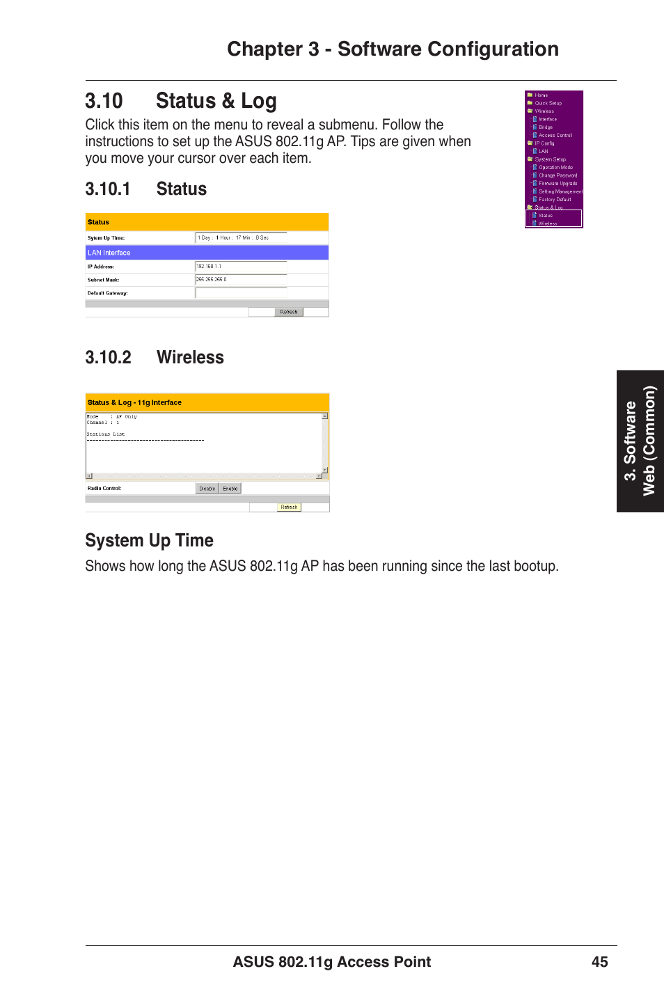 10 status & log, Chapter 3 - software configuration | Asus WL-320gE User Manual | Page 45 / 71