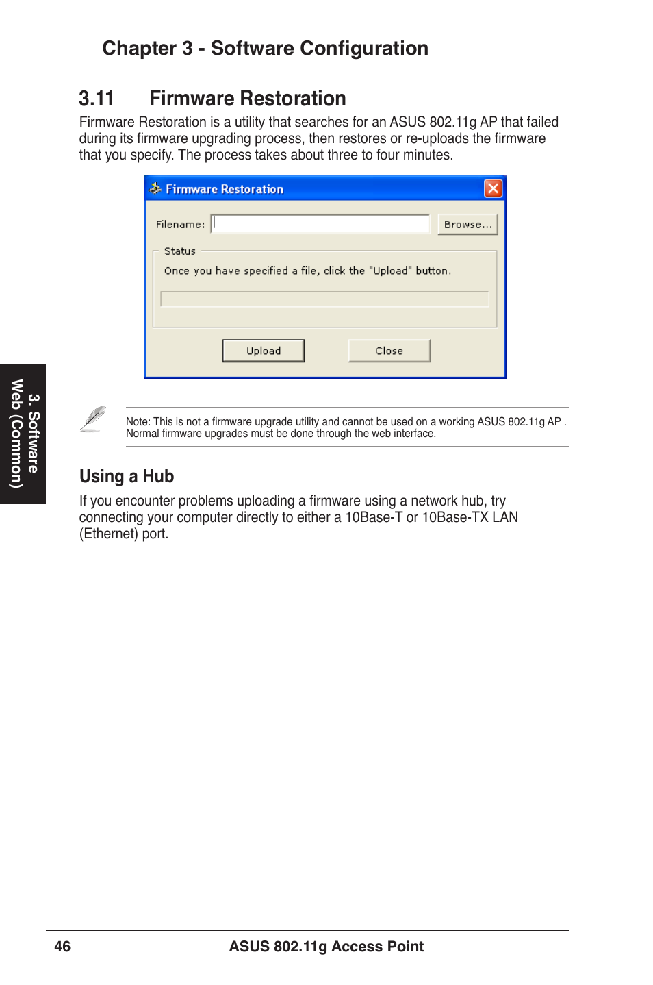 11 firmware restoration, Chapter 3 - software configuration, Using a hub | Asus WL-320gE User Manual | Page 46 / 71