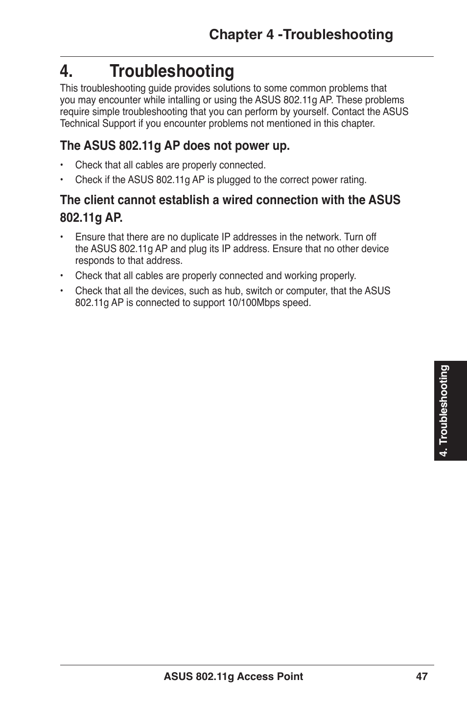 Troubleshooting, Chapter  -troubleshooting | Asus WL-320gE User Manual | Page 47 / 71