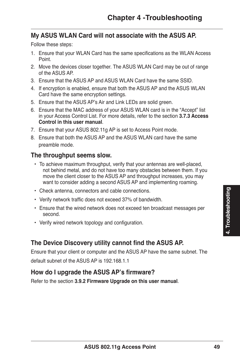 Chapter  -troubleshooting, The throughput seems slow, How do i upgrade the asus ap’s firmware | Asus WL-320gE User Manual | Page 49 / 71