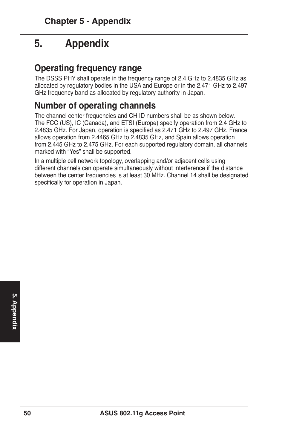 Appendix, Operating frequency range, Number of operating channels | Chapter 5 - appendix | Asus WL-320gE User Manual | Page 50 / 71