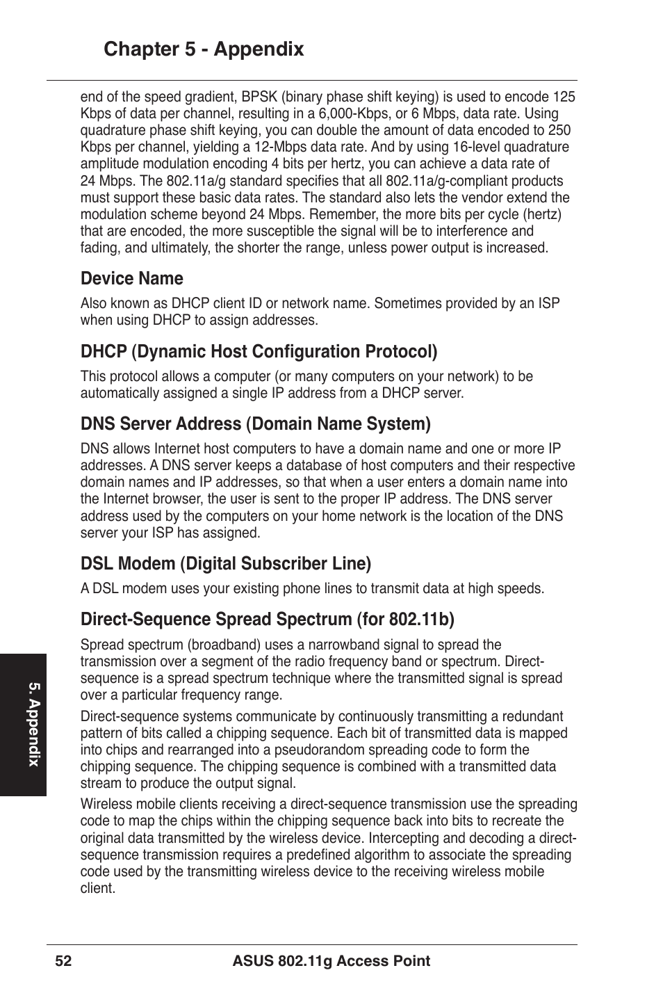 Chapter 5 - appendix, Device name, Dhcp (dynamic host configuration protocol) | Dns server address (domain name system), Dsl modem (digital subscriber line) | Asus WL-320gE User Manual | Page 52 / 71