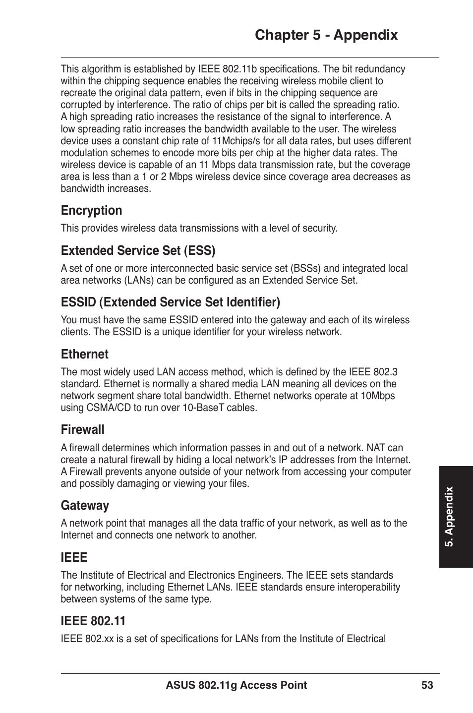 Chapter 5 - appendix, Encryption, Extended service set (ess) | Essid (extended service set identifier), Ethernet, Firewall, Gateway, Ieee | Asus WL-320gE User Manual | Page 53 / 71