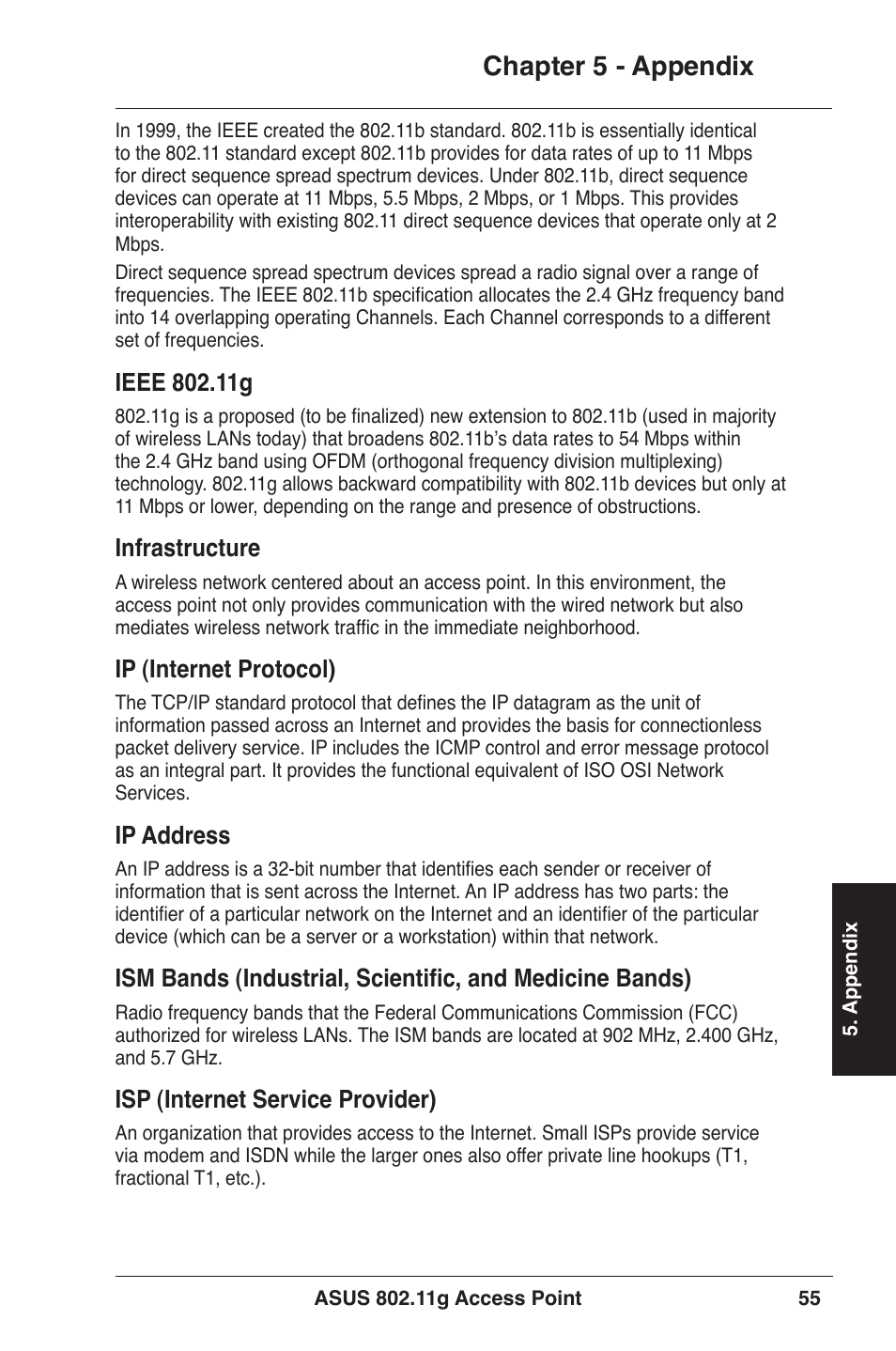 Chapter 5 - appendix, Infrastructure, Ip (internet protocol) | Ip address, Isp (internet service provider) | Asus WL-320gE User Manual | Page 55 / 71