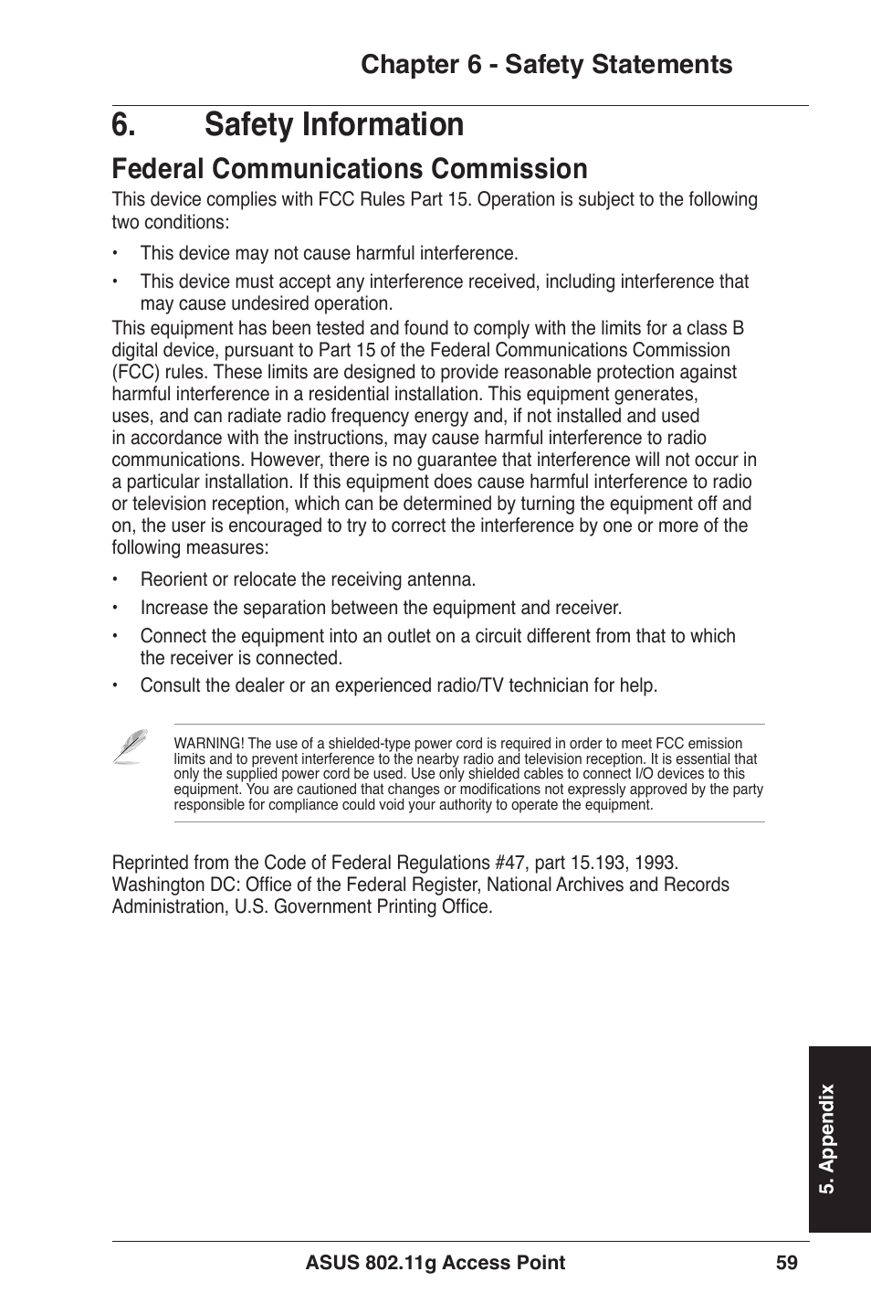 Safety information, Federal communications commission, Chapter 6 - safety statements | Asus WL-320gE User Manual | Page 59 / 71