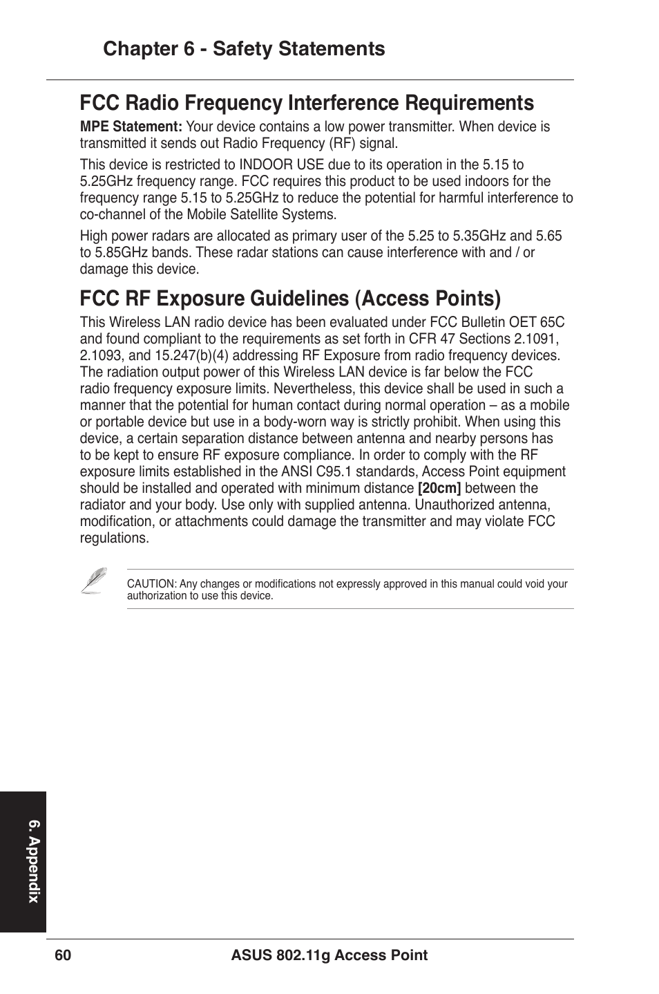 Fcc radio frequency interference requirements, Fcc rf exposure guidelines (access points), Chapter 6 - safety statements | Asus WL-320gE User Manual | Page 60 / 71