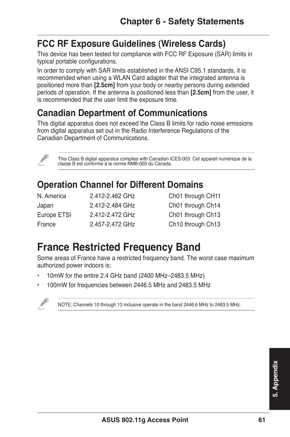 Fcc rf exposure guidelines (wireless cards), Canadian department of communications, Operation channel for different domains | France restricted frequency band, Chapter 6 - safety statements | Asus WL-320gE User Manual | Page 61 / 71