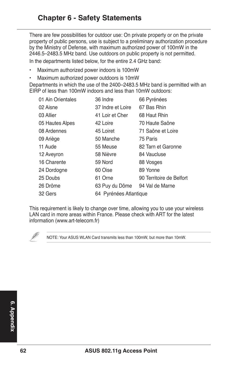 Chapter 6 - safety statements | Asus WL-320gE User Manual | Page 62 / 71