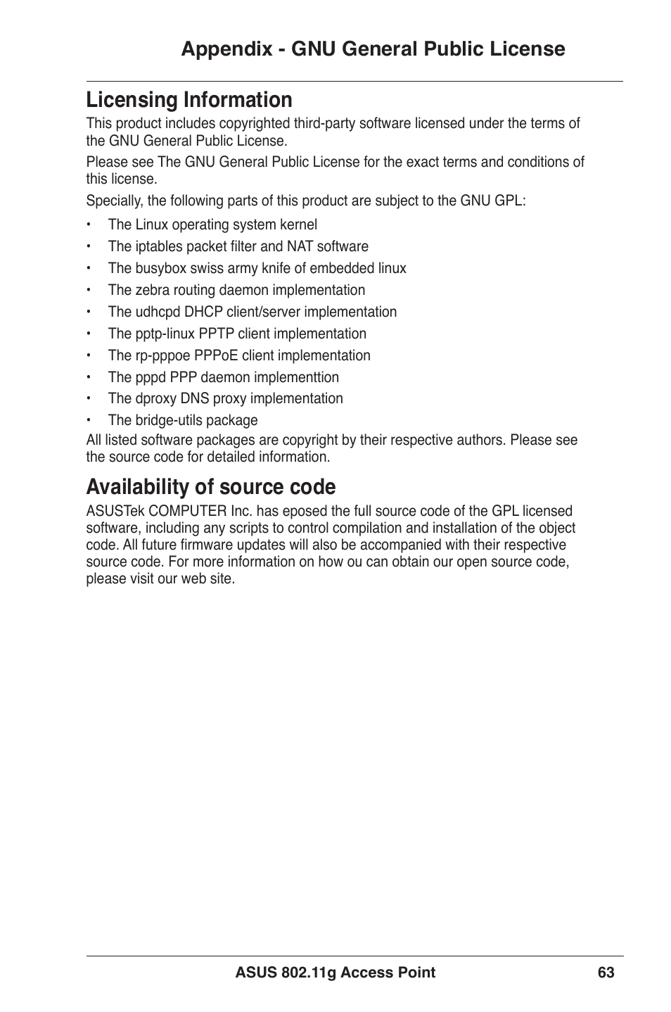 Licensing information, Availability of source code, Appendix - gnu general public license | Asus WL-320gE User Manual | Page 63 / 71