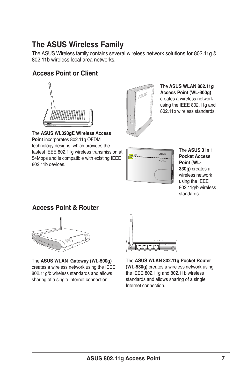 The asus wireless family, Access point or client, Access point & router | Asus WL-320gE User Manual | Page 7 / 71