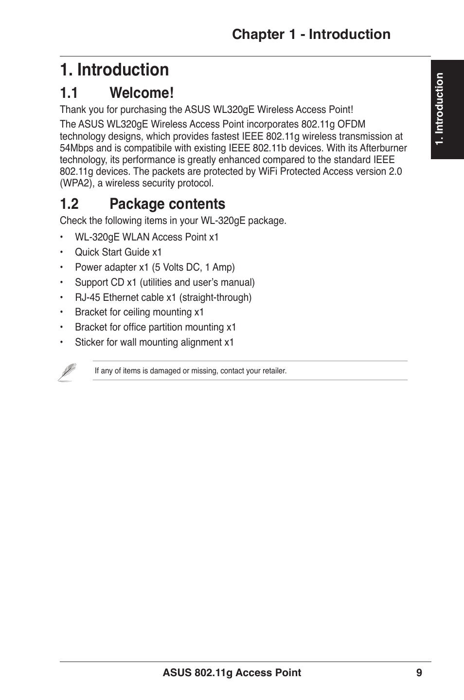 Introduction, 1 welcome, 2 package contents | Chapter 1 - introduction | Asus WL-320gE User Manual | Page 9 / 71