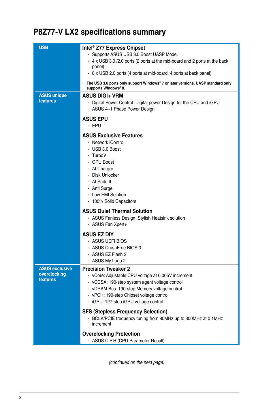 P8z77-v lx2 specifications summary | Asus P8Z77-V LX2 User Manual | Page 10 / 156