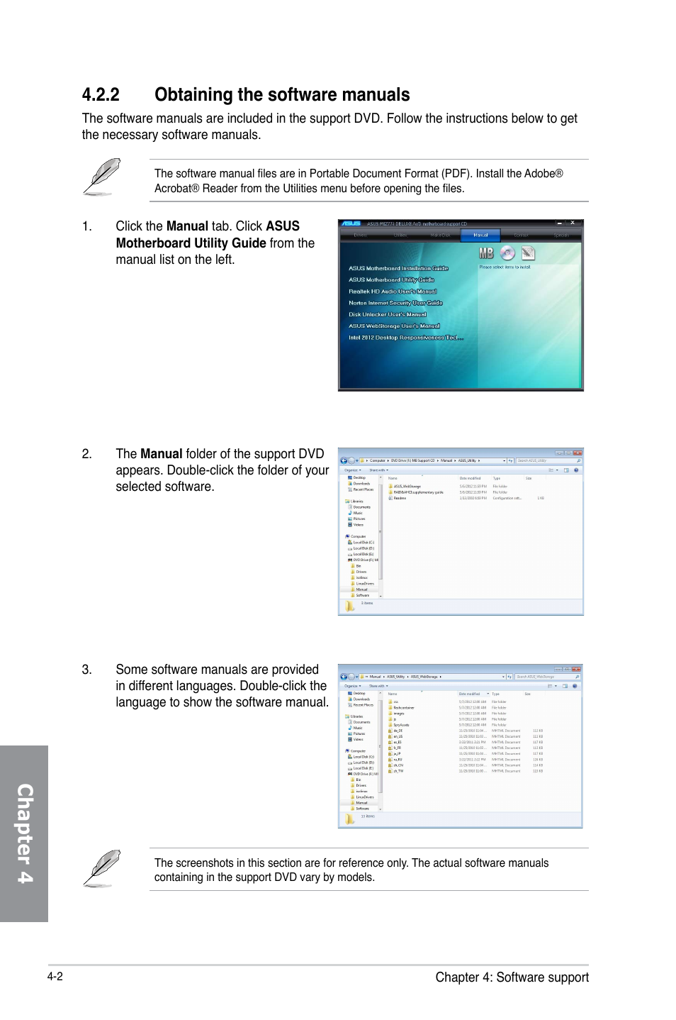 2 obtaining the software manuals, Obtaining the software manuals -2, Chapter 4 | Asus P8Z77-V LX2 User Manual | Page 100 / 156