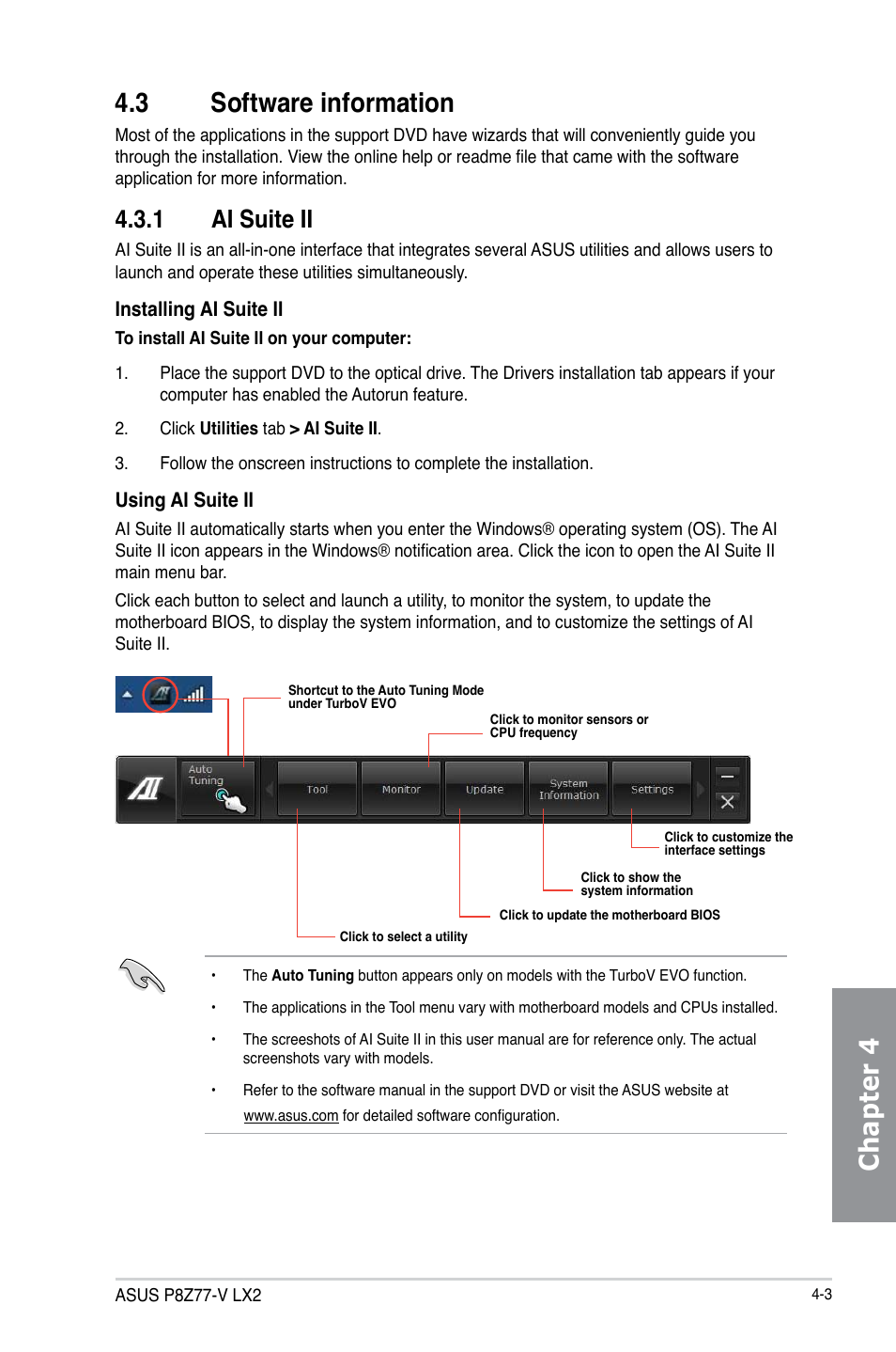 3 software information, 1 ai suite ii, Software information -3 4.3.1 | Ai suite ii -3, Chapter 4 4.3 software information | Asus P8Z77-V LX2 User Manual | Page 101 / 156