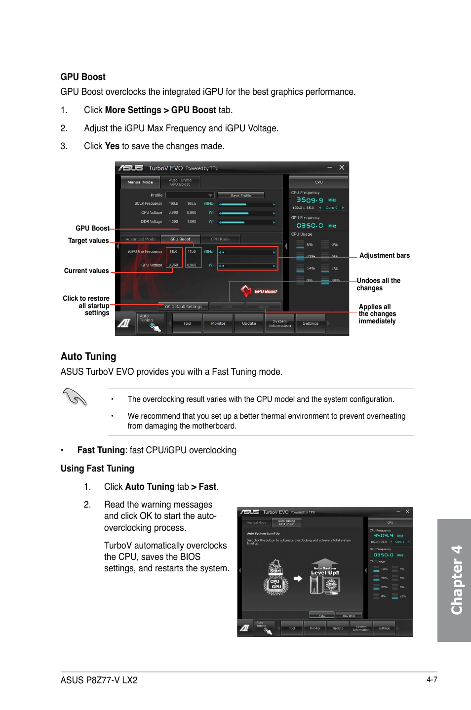Chapter 4, Auto tuning | Asus P8Z77-V LX2 User Manual | Page 105 / 156