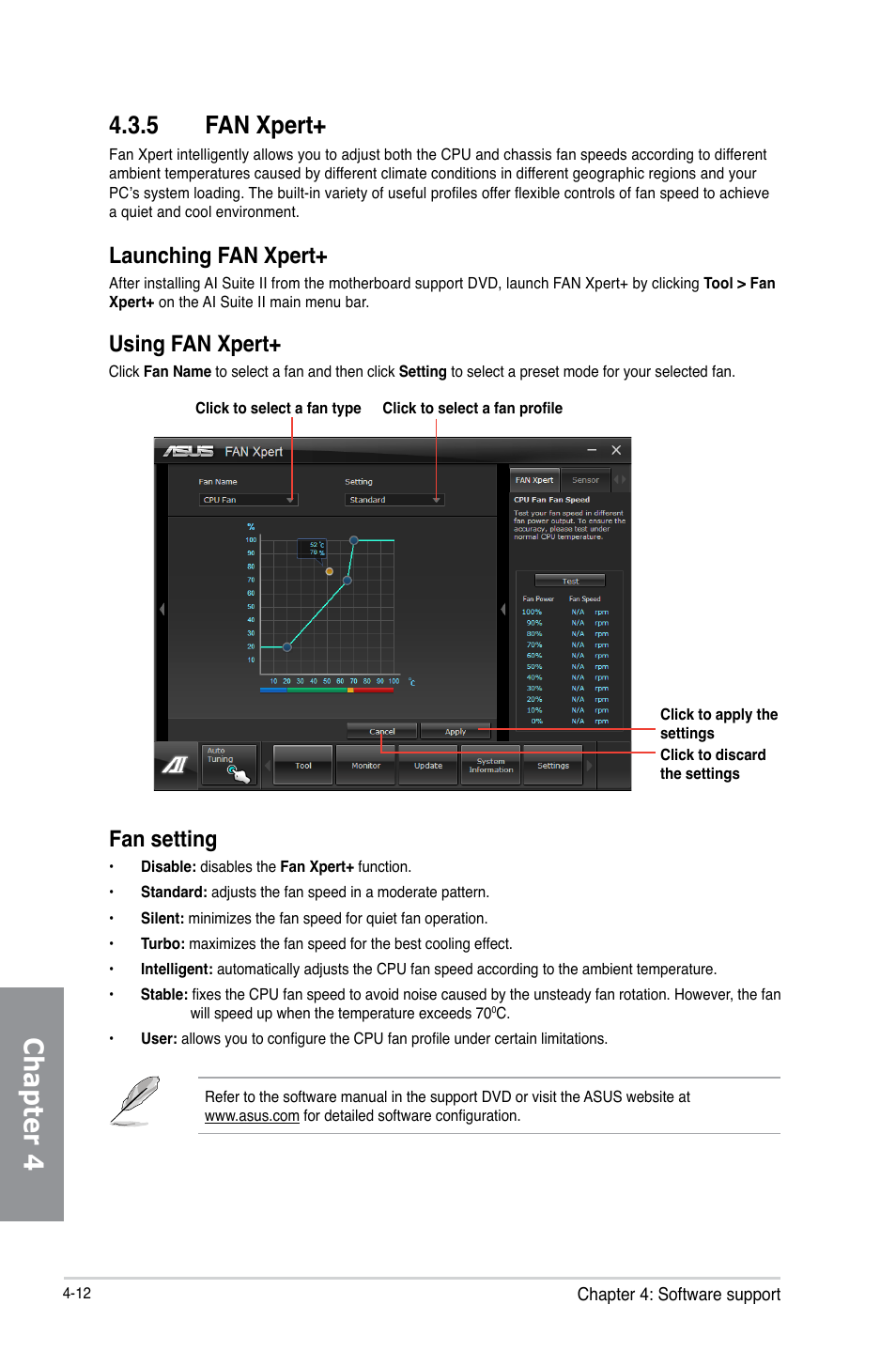 5 fan xpert, Fan xpert+ -12, Chapter 4 | Launching fan xpert, Fan setting, Using fan xpert | Asus P8Z77-V LX2 User Manual | Page 110 / 156